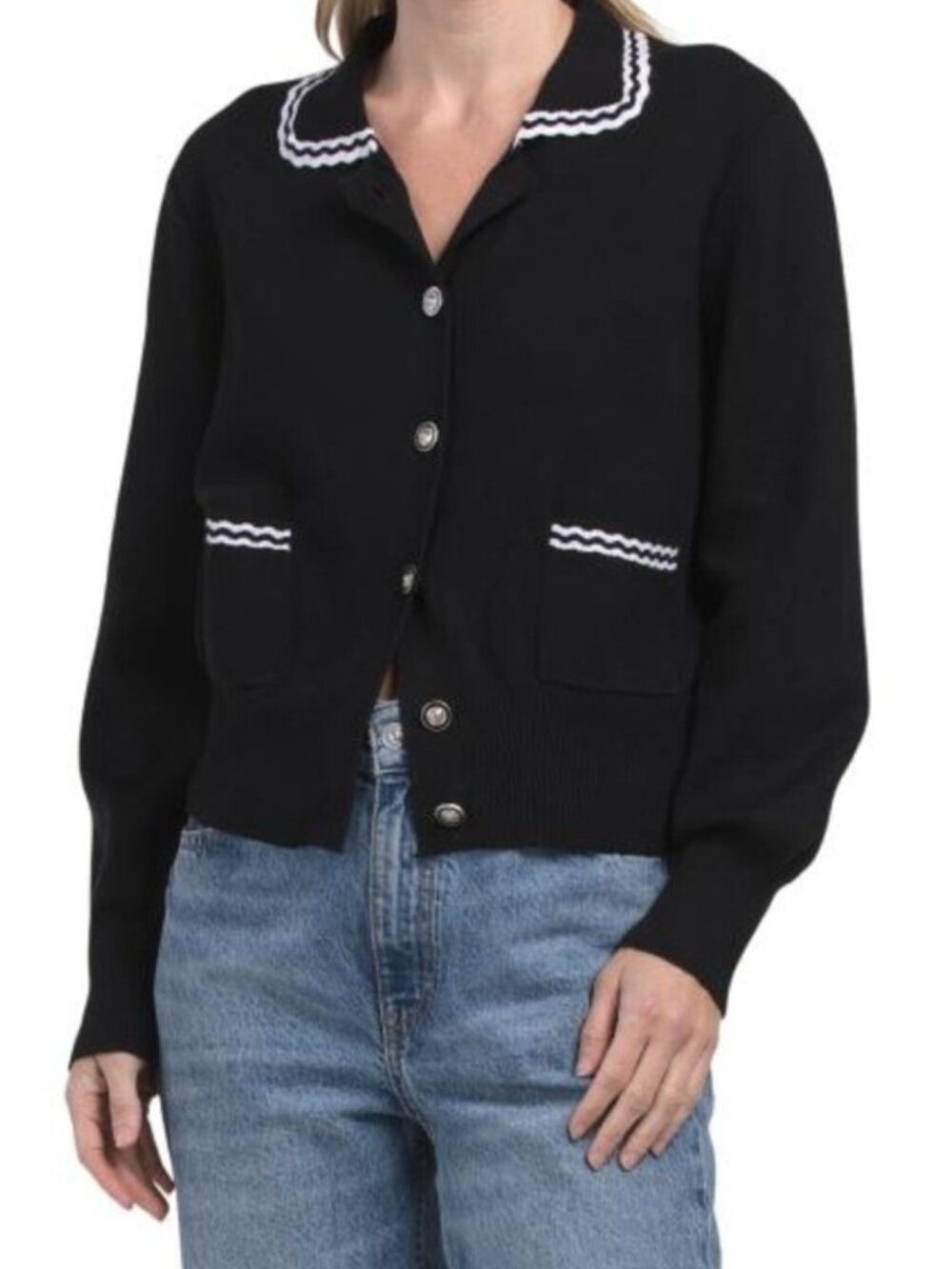 METRIC KNITS Button Front Long Sleeve Contrast Cardigan